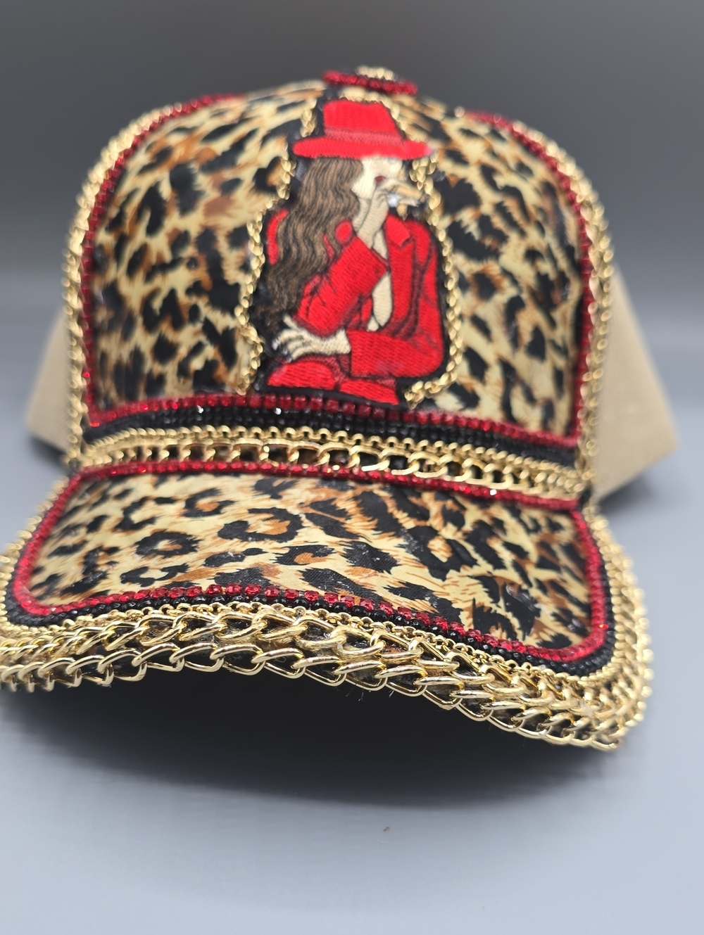 Leopard Print Embellished Cap with Red Accent